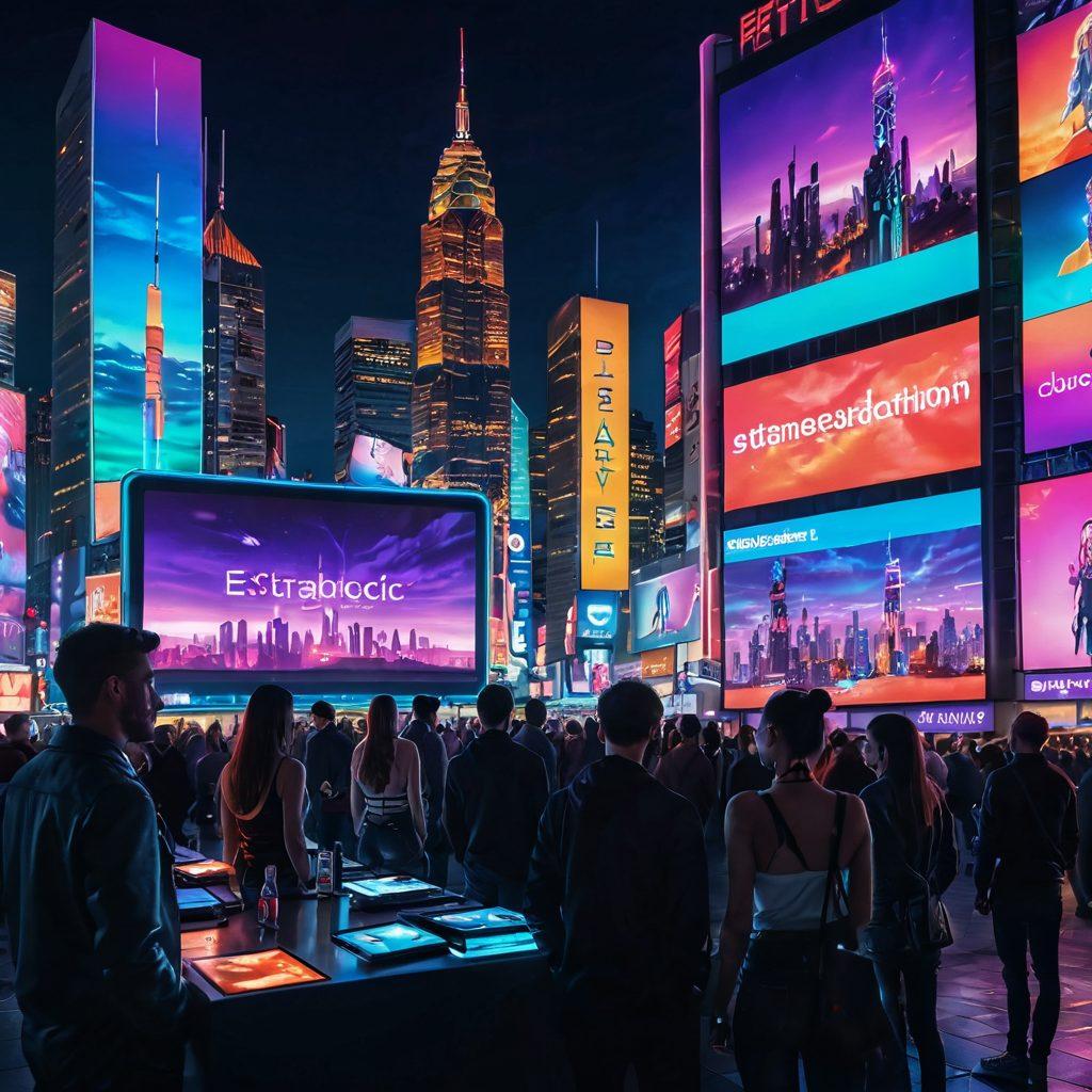 A futuristic city skyline at dusk, with neon signs advertising various adult streaming platforms. In the foreground, a diverse group of people watching a projection of an erotic scene on a large digital screen, their expressions curious and engaged. The atmosphere is vibrant and lively, blending technology and intimacy, with well-designed devices in the foreground. surreal art style. vibrant colors. twilight ambiance.